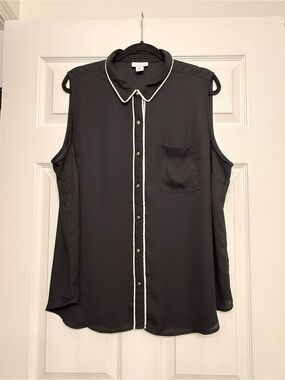 Liz Claiborne XXL Black White Piping Sleeveless Button Front Blouse
